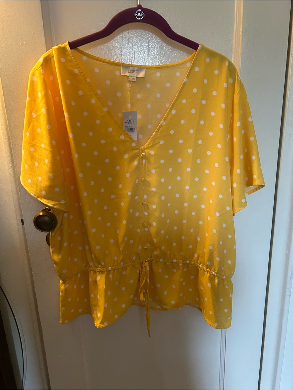 LOFT Yellow Polka Dot V-Neck Drawstring Peplum Blouse